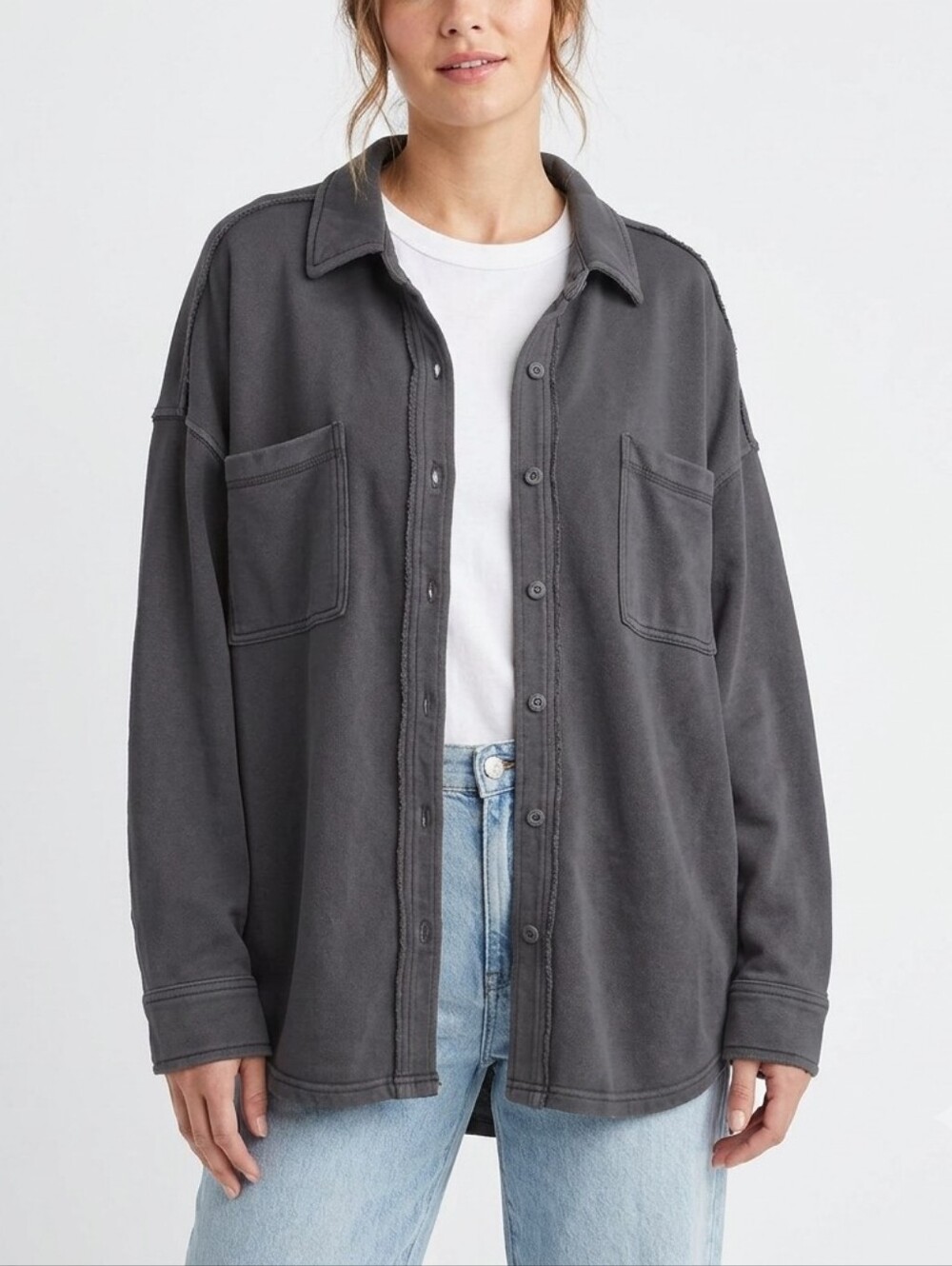 Aerie Charcoal Gray Fleece Lumberjack Shacket Oversized Button Down